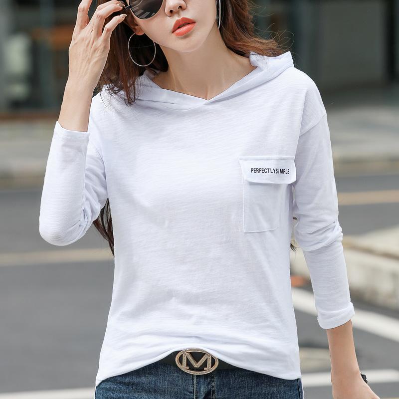 2026 Spring and Autumn Women's Pure Cotton Loose Hooded Long Sleeve T-Shirt, Comfortable Casual Top