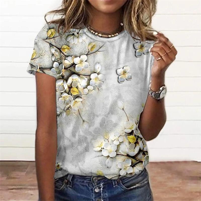 Letnia damska koszulka z krótkim rękawem i pięknymi kwiatami, modny i elegancki top z okrągłym dekoltem