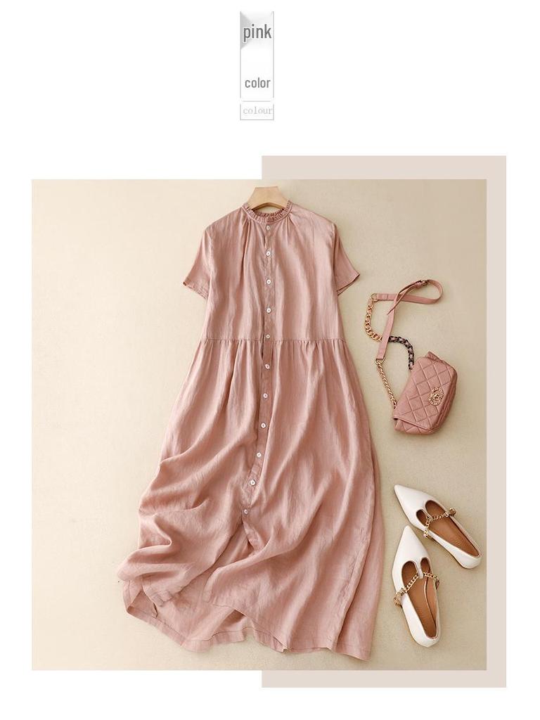Reversible 2023 Summer Cotton Linen Ruffle Collar Dress with Swing Skirt & Short Sleeves