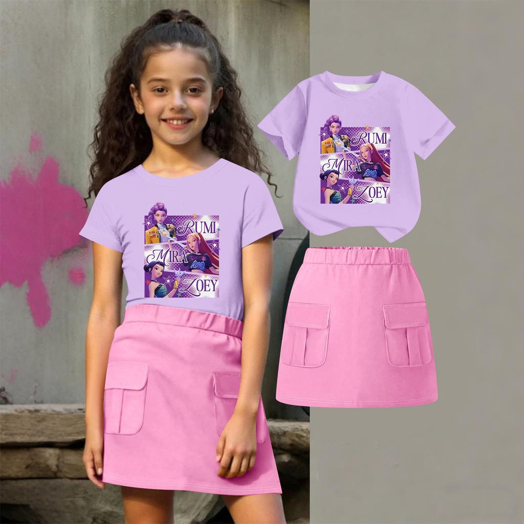 Kinder Sommer Sport T-Shirt und Röcke 2-teiliges Outfit Trainingsanzug Set Kurzarm Print Crop Tops mit Kleiderset
