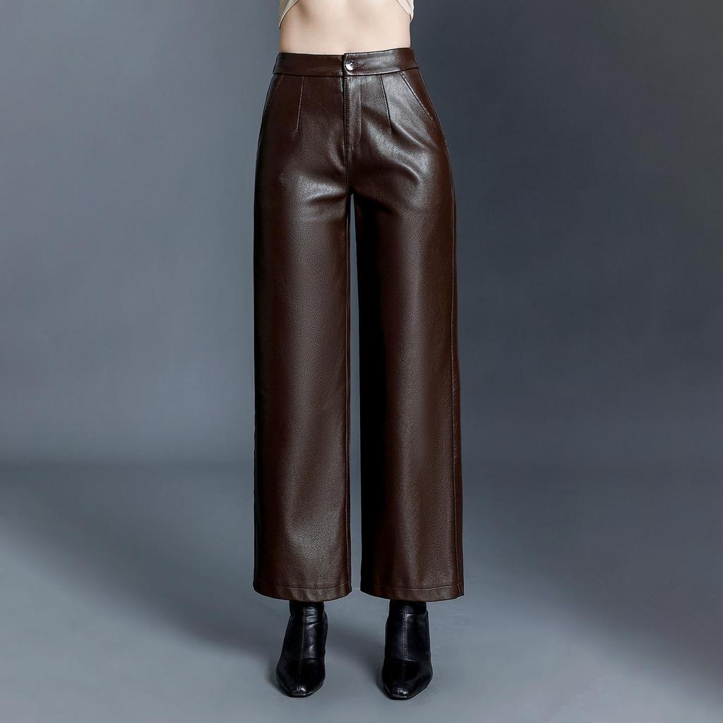 Women's High-Waisted Leather Pants - 2025 Autumn/Winter Loose Straight-Leg Lambskin