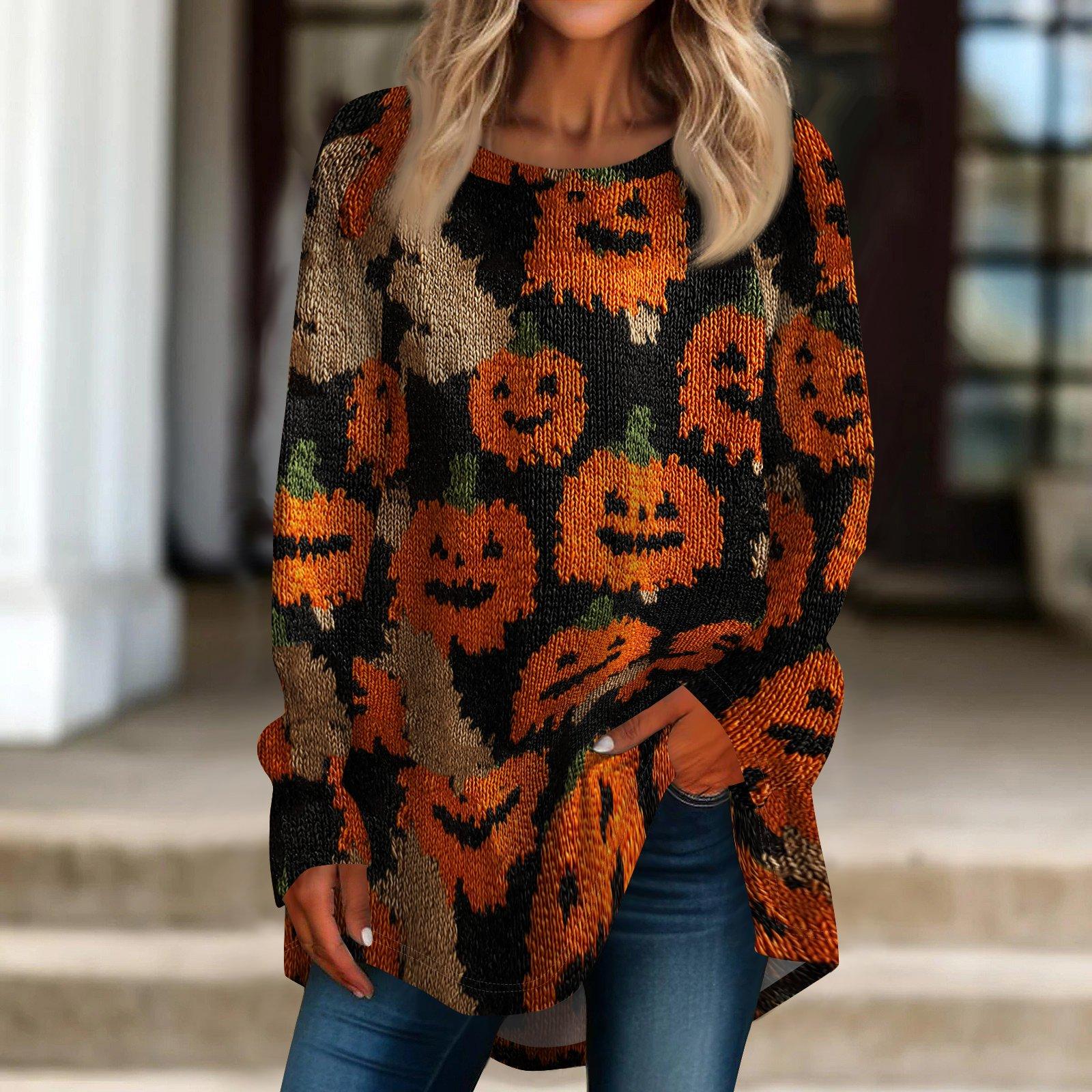 Women s Loose Fit Neck Halloween Print Long Sleeve Tunic Top XXXL