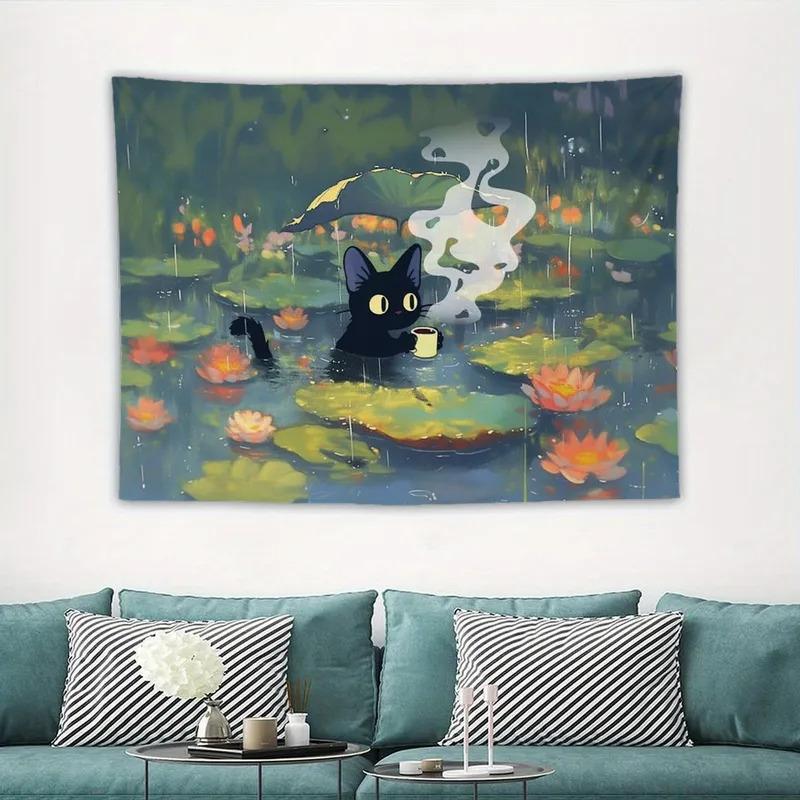 Dark Cute Tapestry, Tarot-Patterned Black Cat Witchcraft Style, Gothic Bedroom/Study/Cozy Mysterious Space Decor