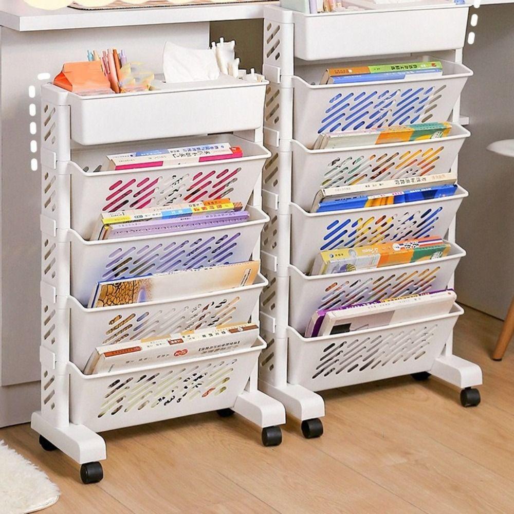 Large Capacity Bookshelf On Wheels Rotatable Book Storage Rack Movable Book Shelf  Student Use