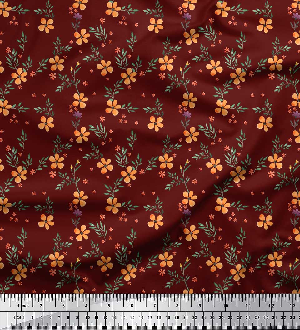 

Тканина Soimoi Black, Японія, креп-сатин, листя та барвінок, квітковий принт, швейна тканина, метр 42 дюйма 42 Inch Wide - Poly Crepe вина червоного кольору