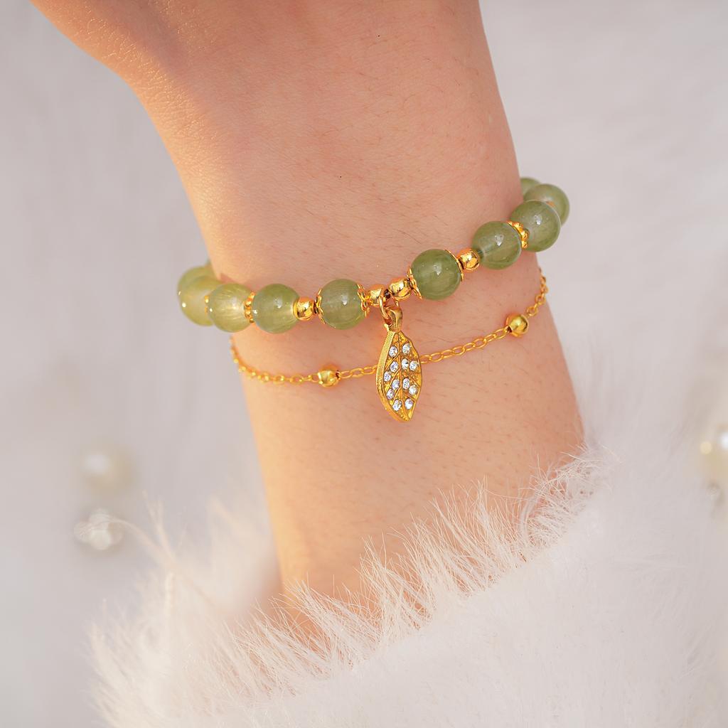 Chinese Style Green Jade Bracelet For Women Exquisite Gold Color Leaves Wrist Strap Bangle Double Chain Bracelet Girls Gifts