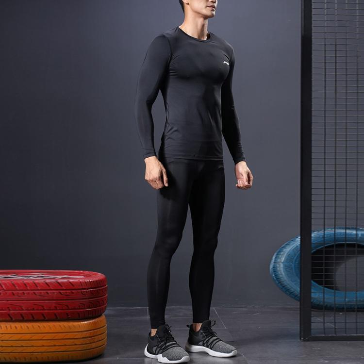 Li Ning Logo Quick-Dry High-Stretch Training Long Sleeve Fitness Shirt Men tops Black AUDR125-1