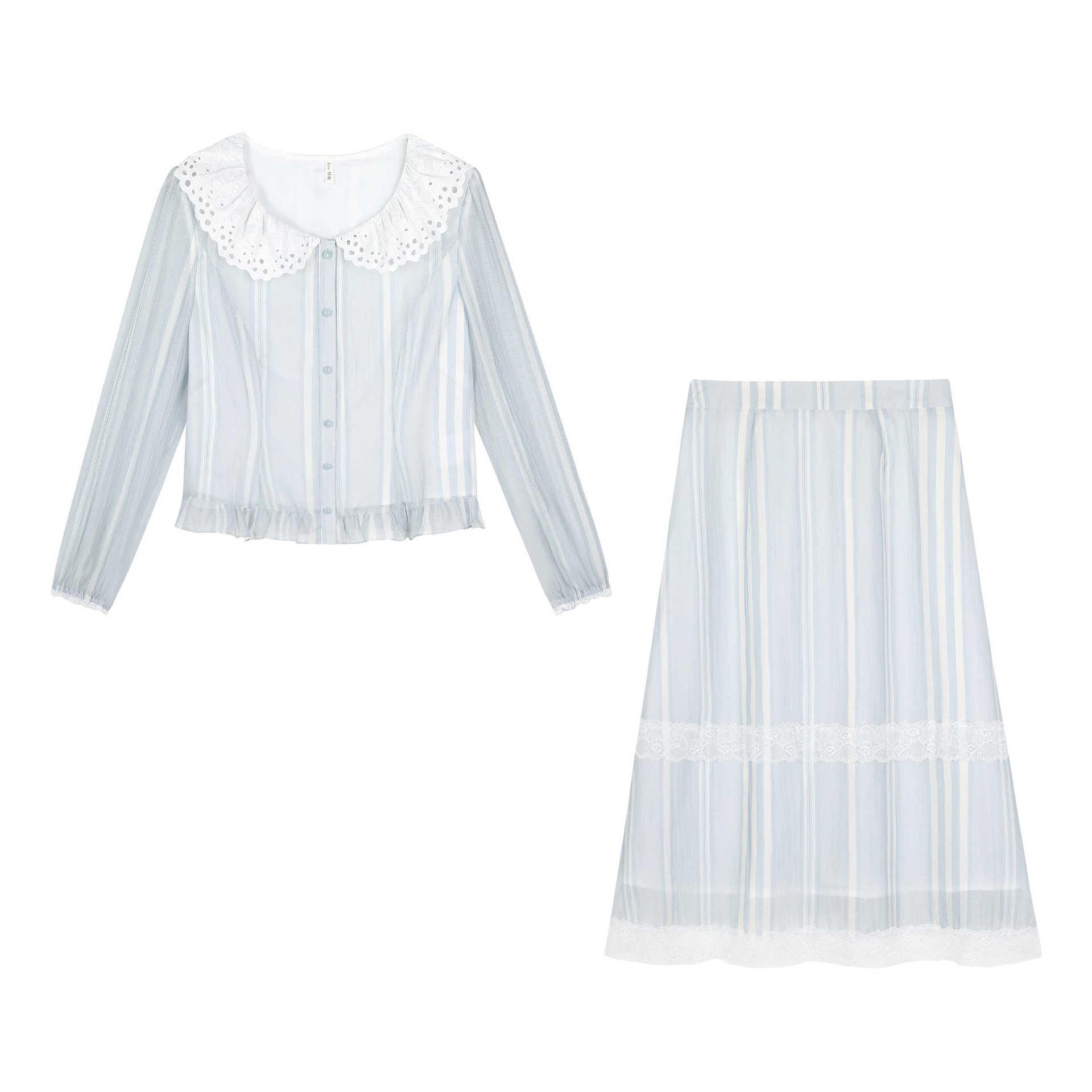 

Spring Embroidered Doll Collar Striped Lace Two-Piece Plus Size Women s A-line Skirt 5XL (recommended 100-110 kg)