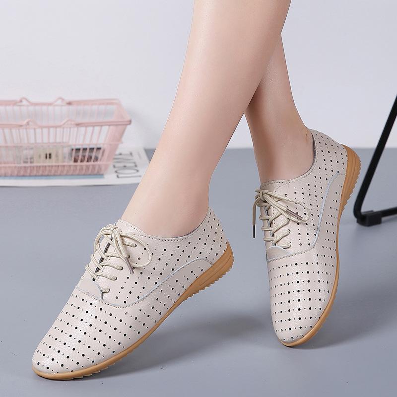Small Leather Shoes Women's Hollow Breathable Summer Work Shoes Versatile Personalized Casual Shoes Lace-up Flat Shoes