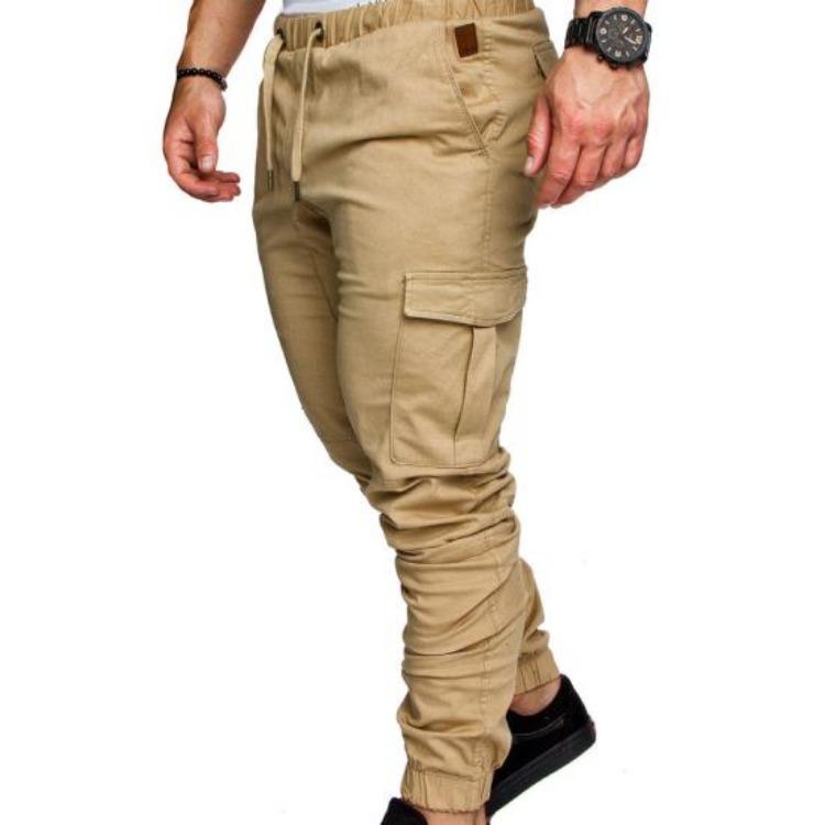 Skinny Cargo Pants Casual Men Solid Color Drawstring Waist Ankle Tied Pockets