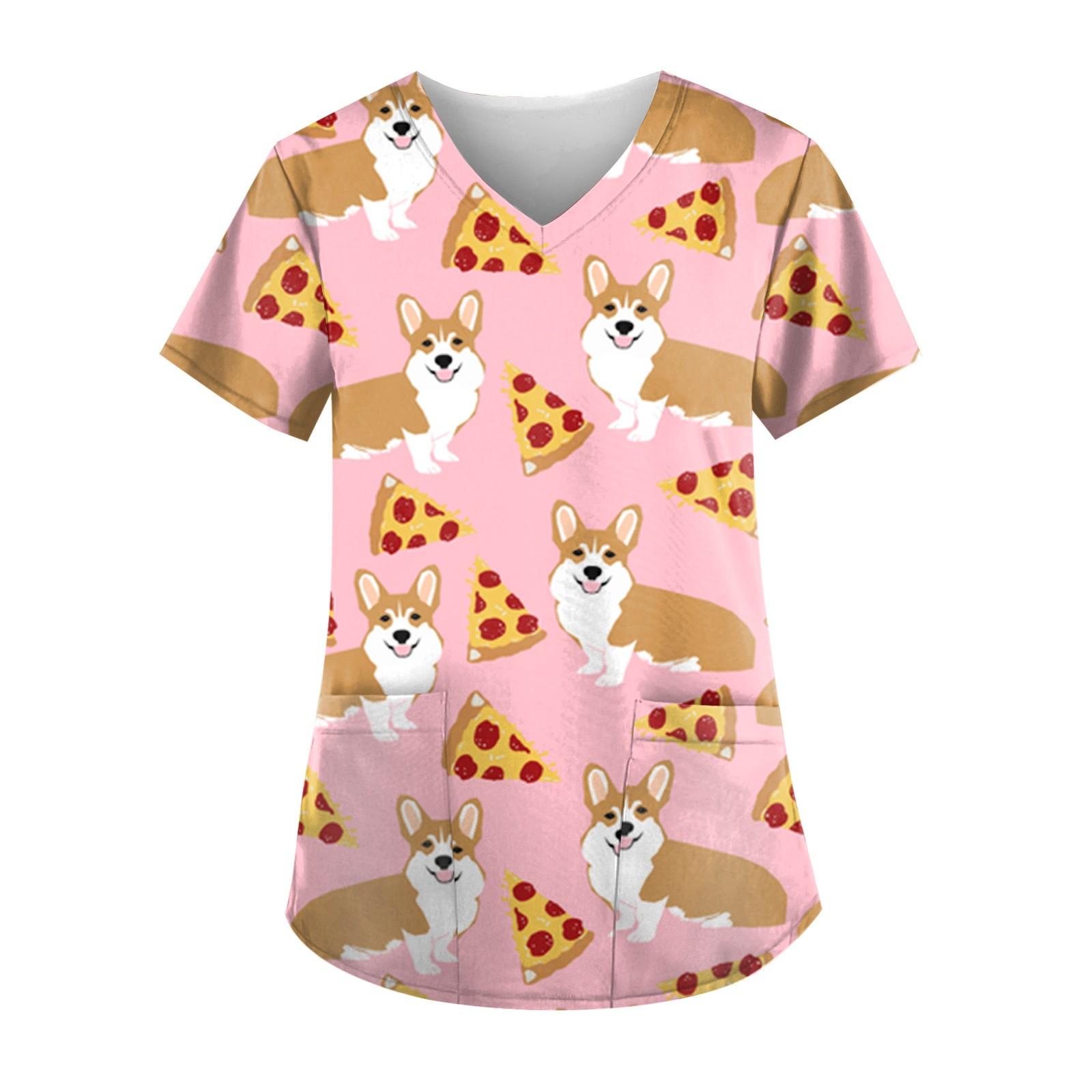 

Женские милые топы с v-образным вырезом и короткими рукавами с принтом, рабочая блузка с карманами M розовый