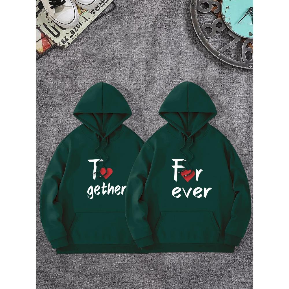 Matching Couple Printed Pullover Hoodie Drawstring Hood With Kangaroo Pocket Long Sleeve Couple Sweatshirt