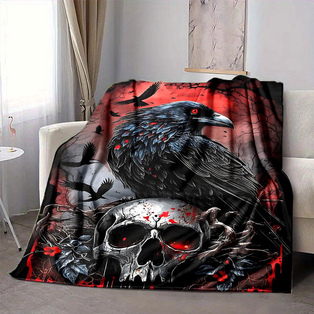 1pc Raven Skull Artwork Blanket, Lightweight Flannel Throw For Sofa, Bed, Travel, Camping, Livingroom, Office, Couch, Chair, And Bed,