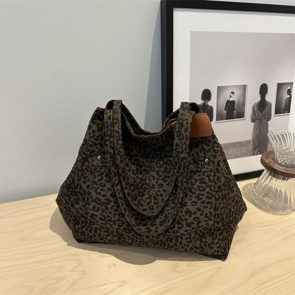 Large Capacity Leopard Print Shoulder Bag Square Women Handbag Simple Canvas Tote Bag  Shopping