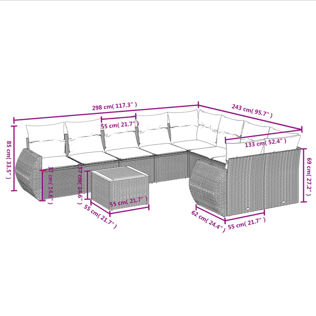 10 Piece Garden Sofa Set with Cushions Gray Poly Rattan