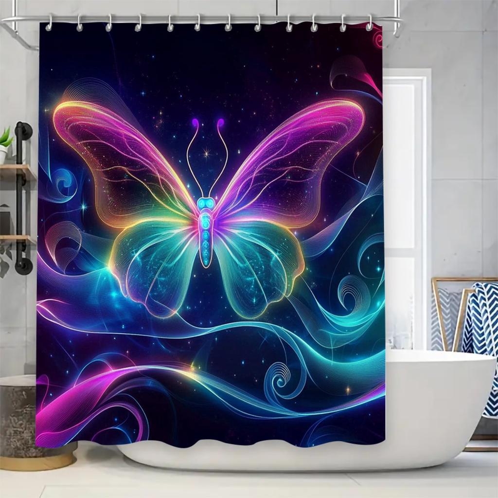 4Pcs Neon Butterfly Shower Curtain Set with Non-Slip Bath Mat, Toilet Lid Cover, Contour Rug & 12 Hooks, Bathroom Decor