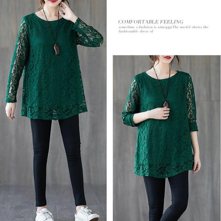 Spring Autumn Women's Round Neck Lace Blouse Mid-Length Loose Hollow-Out Plus Size Blouse