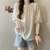 Loose Fit Solid Color Puff Sleeve Blouse Women's Casual Round Neck Pleated Chiffon Shirt Summer Lightweight Breathable Top