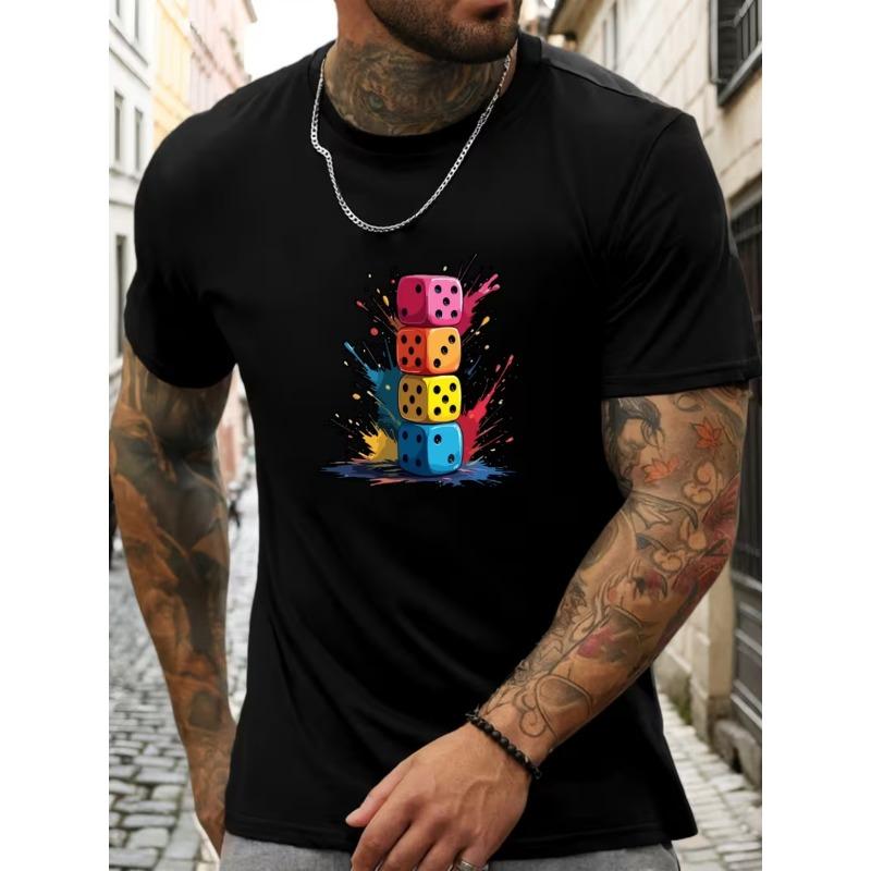 

Men S Colorful Dice Print Summer Casual T-Shirt - Breathable Crew Neck Short Sleeve Top with Vibrant Pattern, Perfect for Casual Attire 4XL чорний