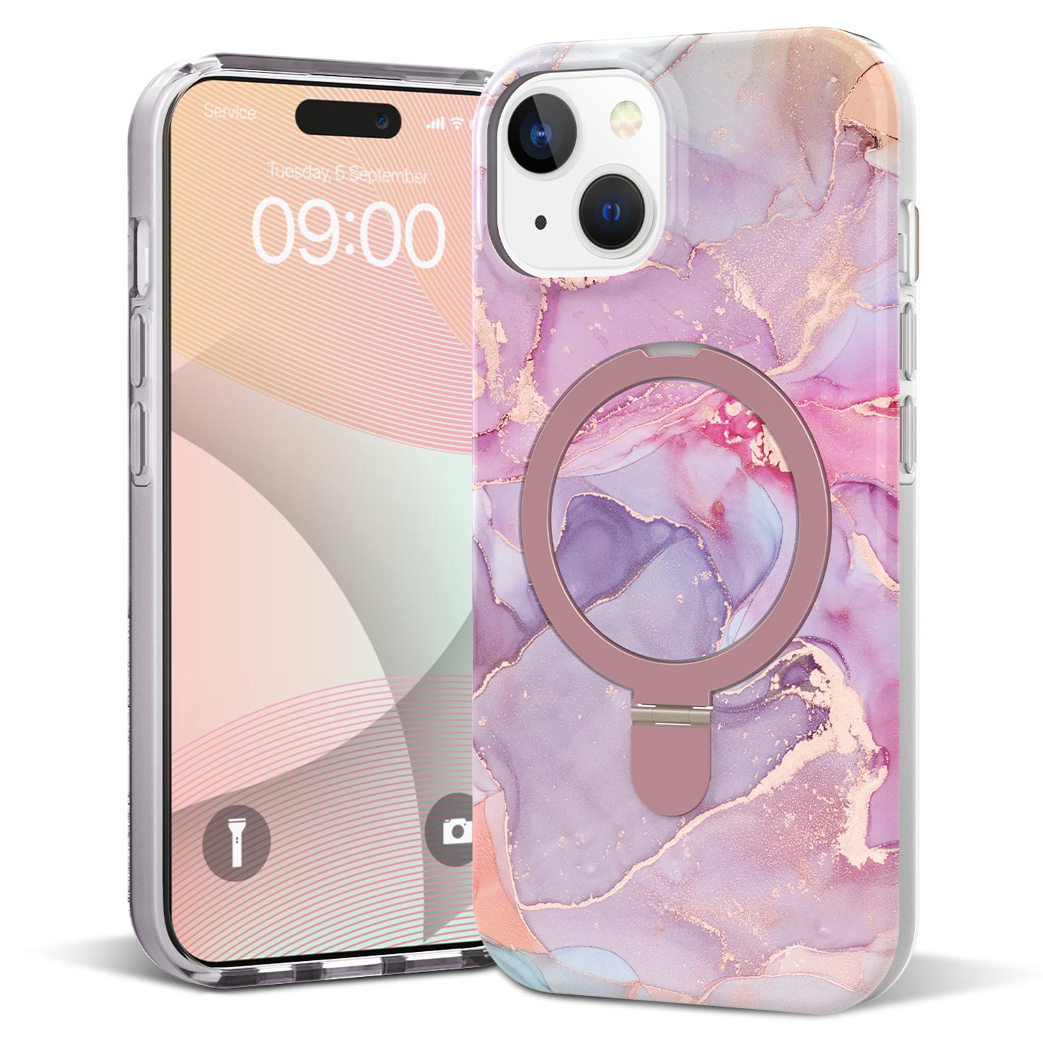 

For iPhone 15 Plus Magnetic Case Marble Pattern PC+TPU Phone Kickstand Cover Pink Purple