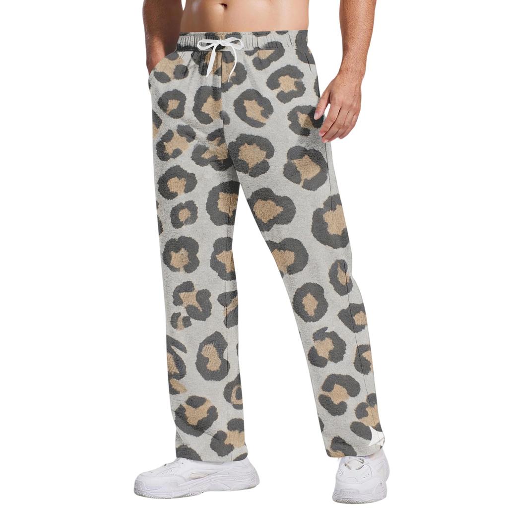 Men's Loose Fit Casual Leopard Print Pants Drawstring Waist Breathable Athletic Long Trousers for Daily Wear and Sports