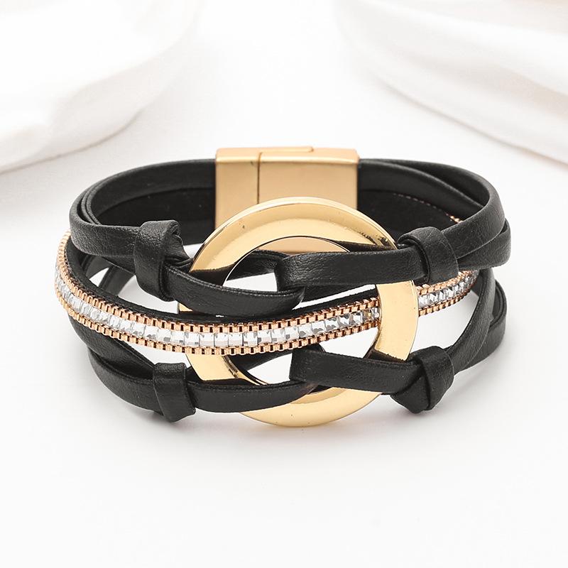 Leather Bracelet for Women Round Hollow Circles Wrap Bangle Female Jewelry Gifts
