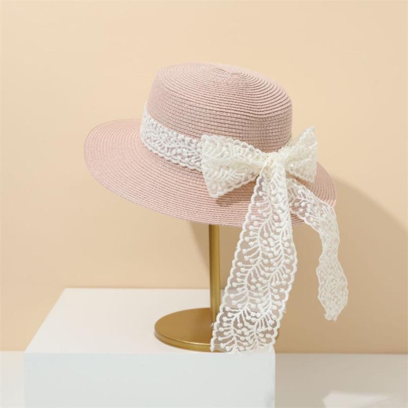 Hat Women's Versatile Lace Strap Bow Flat Top Straw Hat Summer Travel Shade Sunscreen Big Eaves Top Hat