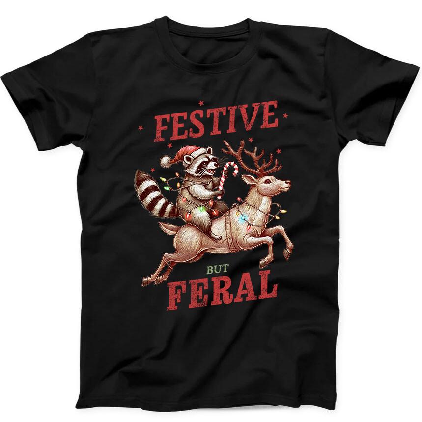 Christmas Raccoon Feral Festive Funny Gift Black Tee T Shirt 185