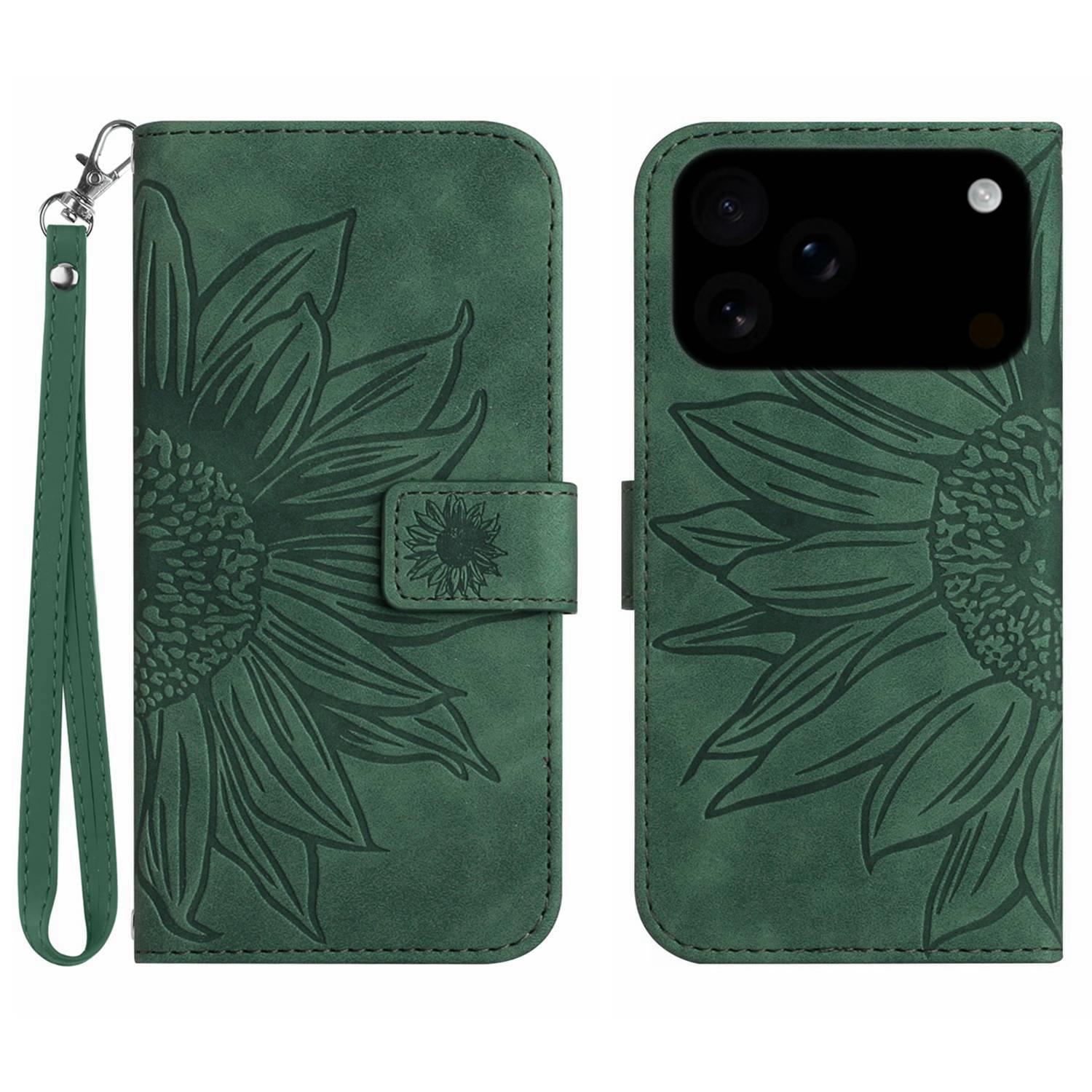 

For iPhone 17 Pro Case Sunflower Imprint Leather Wallet Phone Cover with Wrist Strap G
