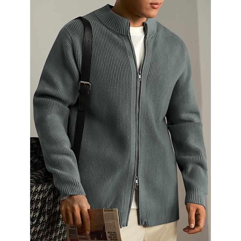 Men's High Neck Double Zipper Cardigan Sweater Jacket - Solid Color, Loose-Fit Knit Top for Autumn and Winter