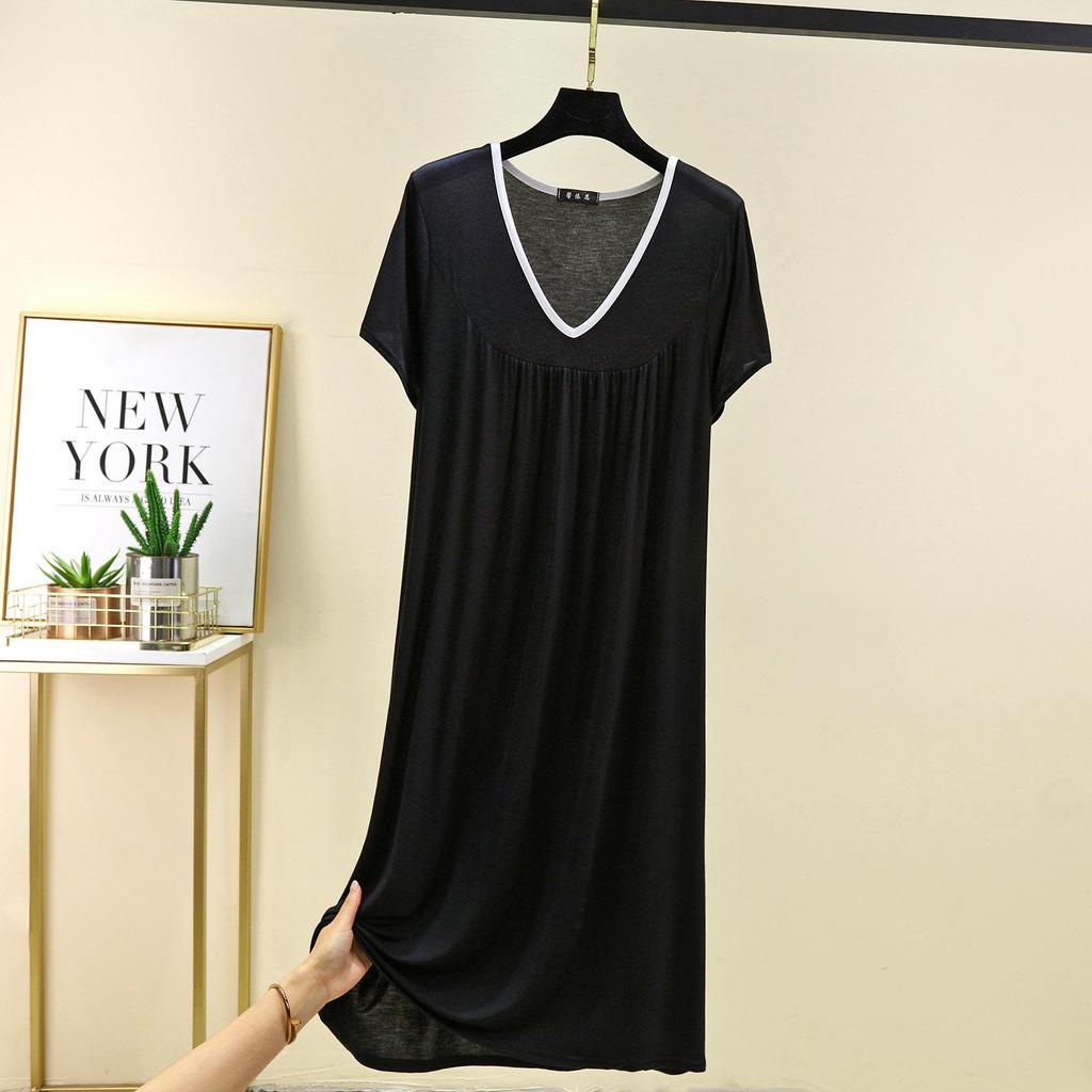 Übergröße M bis 6XL Modal V-Ausschnitt Nachthemd Sommer Damen Locker Hauskleid Einfarbig Lässig Langes Nachthemd Komfort Hauskleidung