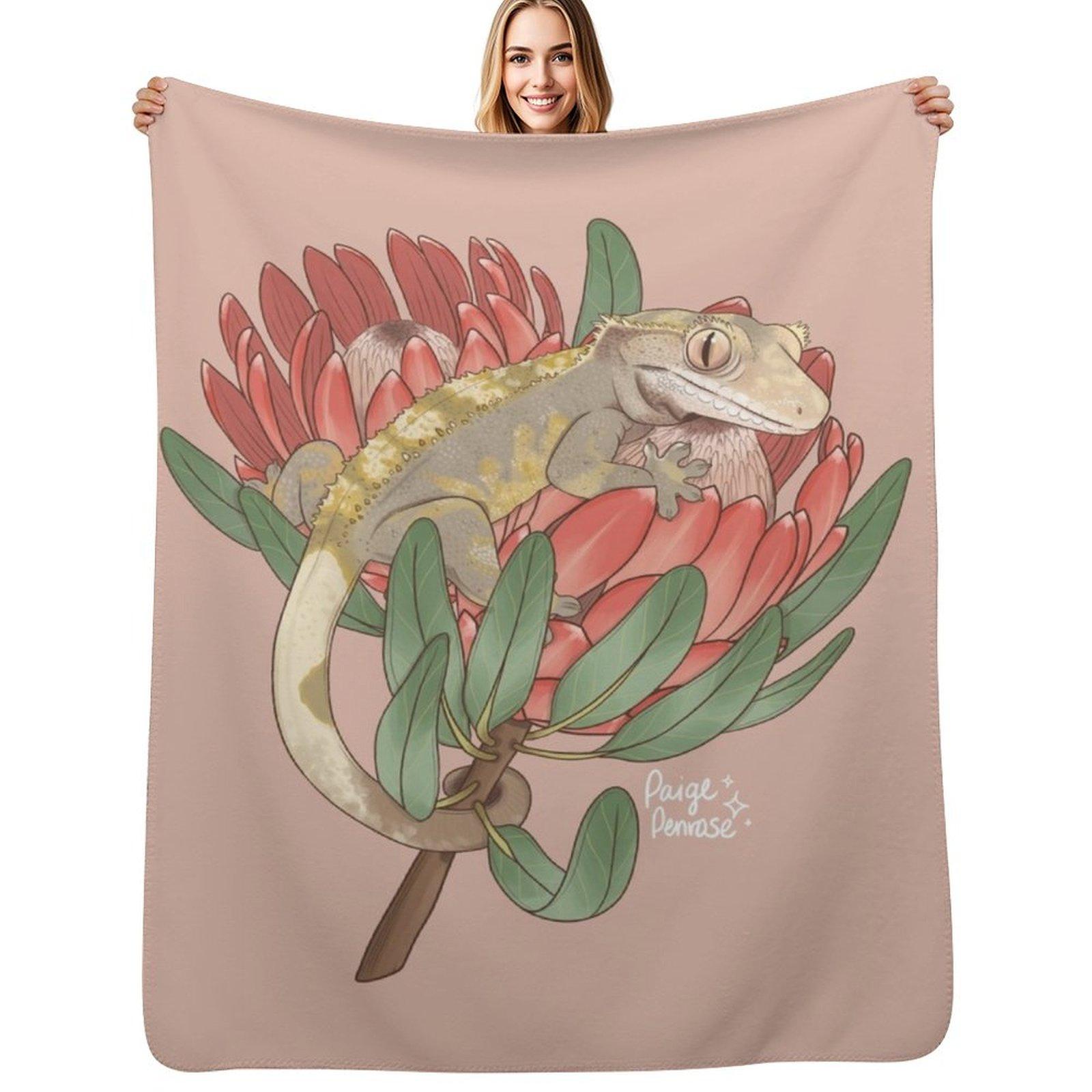 Crested Gecko with Protea Flower Throw Blanket Soft Sherpa Fleece Warm Blanket for Winter 75x100cm