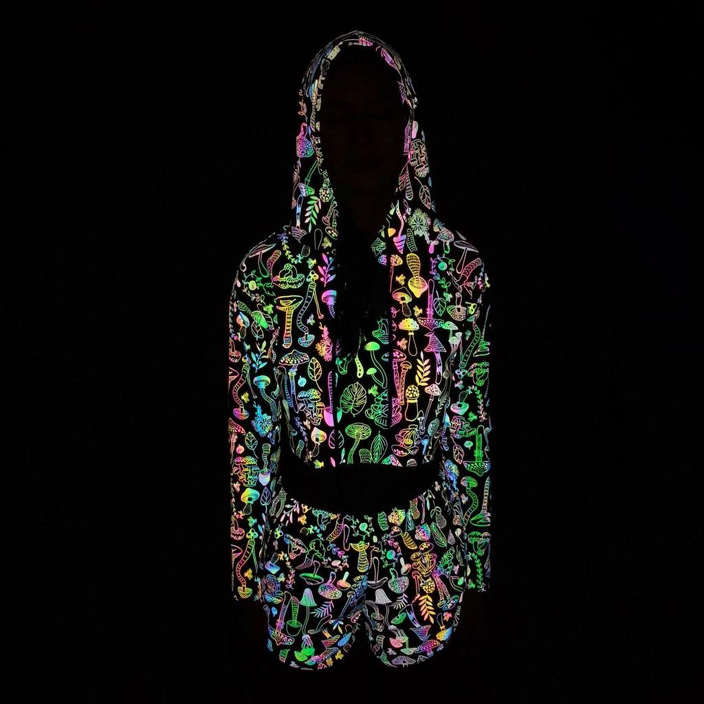 Women's Reflective Mushroom Print Hoodie - Trendy Colorful Pullover Top