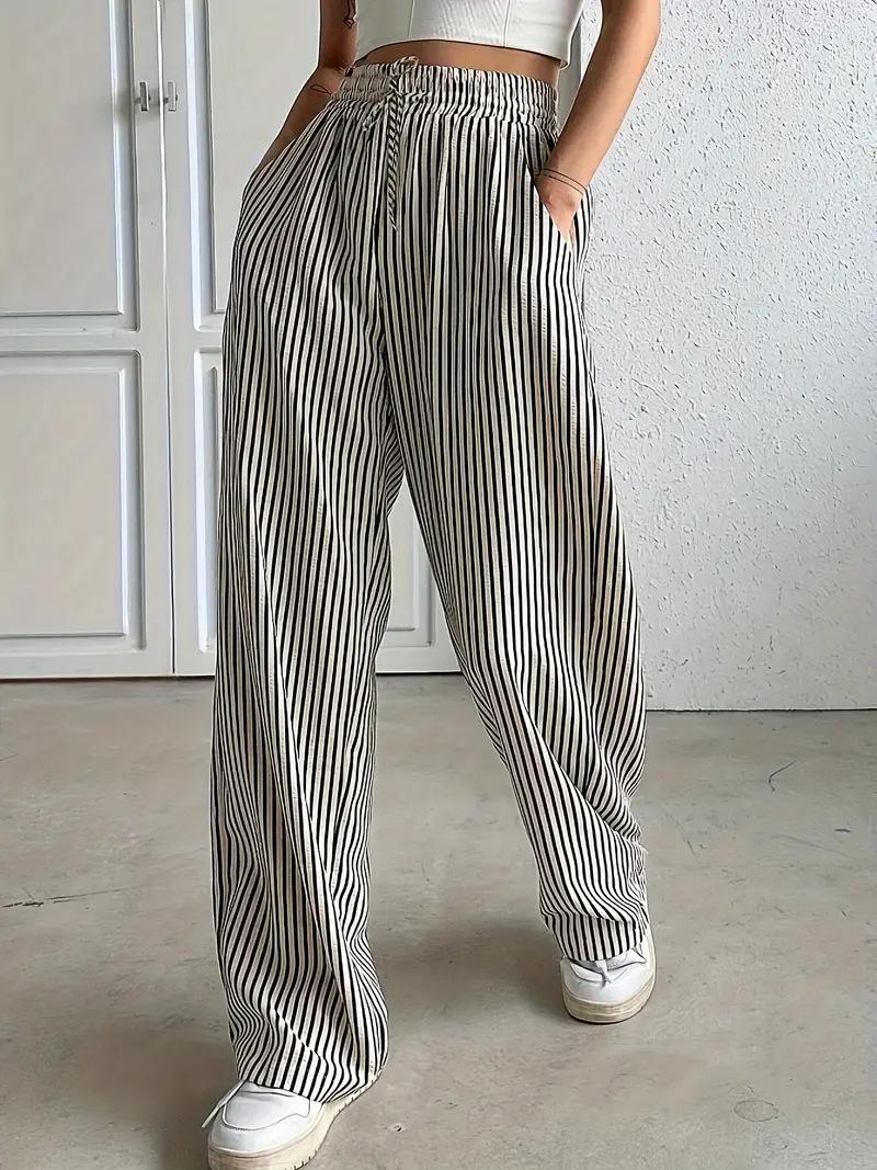 

YAMAMOTO Two-Tone Striped Wide-Leg Pants: Stylish High-Waisted Casual Summer Pants for Women. L (110-120 cm) верблюд