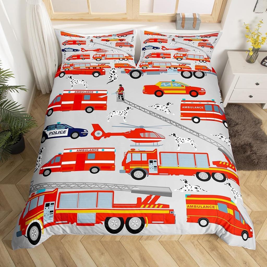 Cartoon Fire Engine Duvet Cover Full Queen King Red Car City Rescue Vehicles Bedding Set, Watercolor Flame Print Comforter Cover