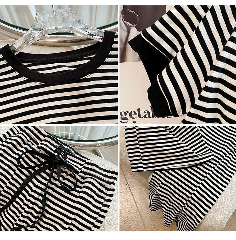 Women's Fashion Black Striped Summer Two-Piece Set: Casual Short-Sleeved Top and Wide-Leg Shorts