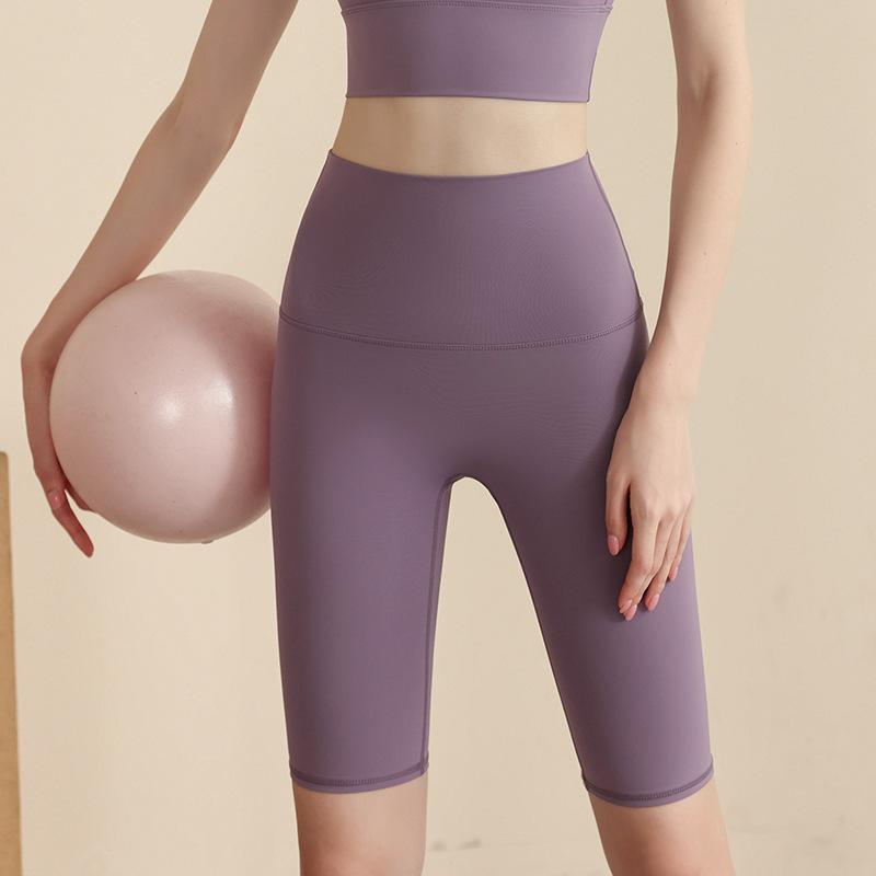Sports shorts 2025 double-sided brocade nude fitness medium pants high waist slim peach hip sports five-point tight yoga pants women