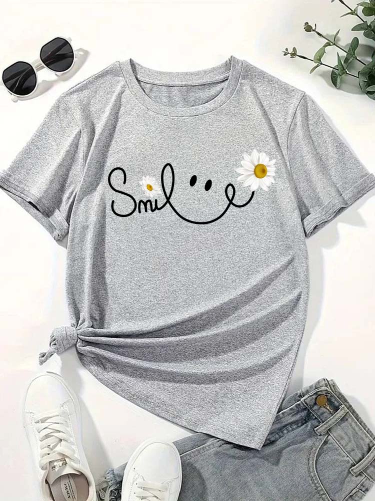 Beautiful Daisy Smile Letter Printed T Shirt Harajuku Fashion Graphic Black T Shirt Shirt Casual O-neck Female Tops Tee