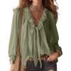 Women's  Fashionable Color V-neck Long Sleeved Tied Loose Shirt Top