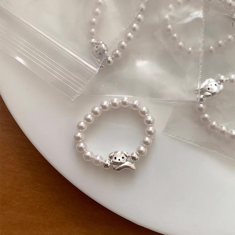 Charming Dog Pearl Elastic Rope Ring: Women's Fashionable, Versatile, and Lovely Design
