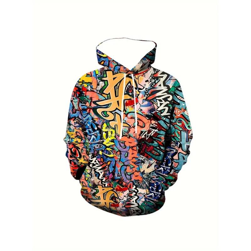 Men's Painted Graffiti Flow Printed Hoodie Casual Trendy Long Sleeve Sports Top Street Men's Colorful Pattern Hoodie