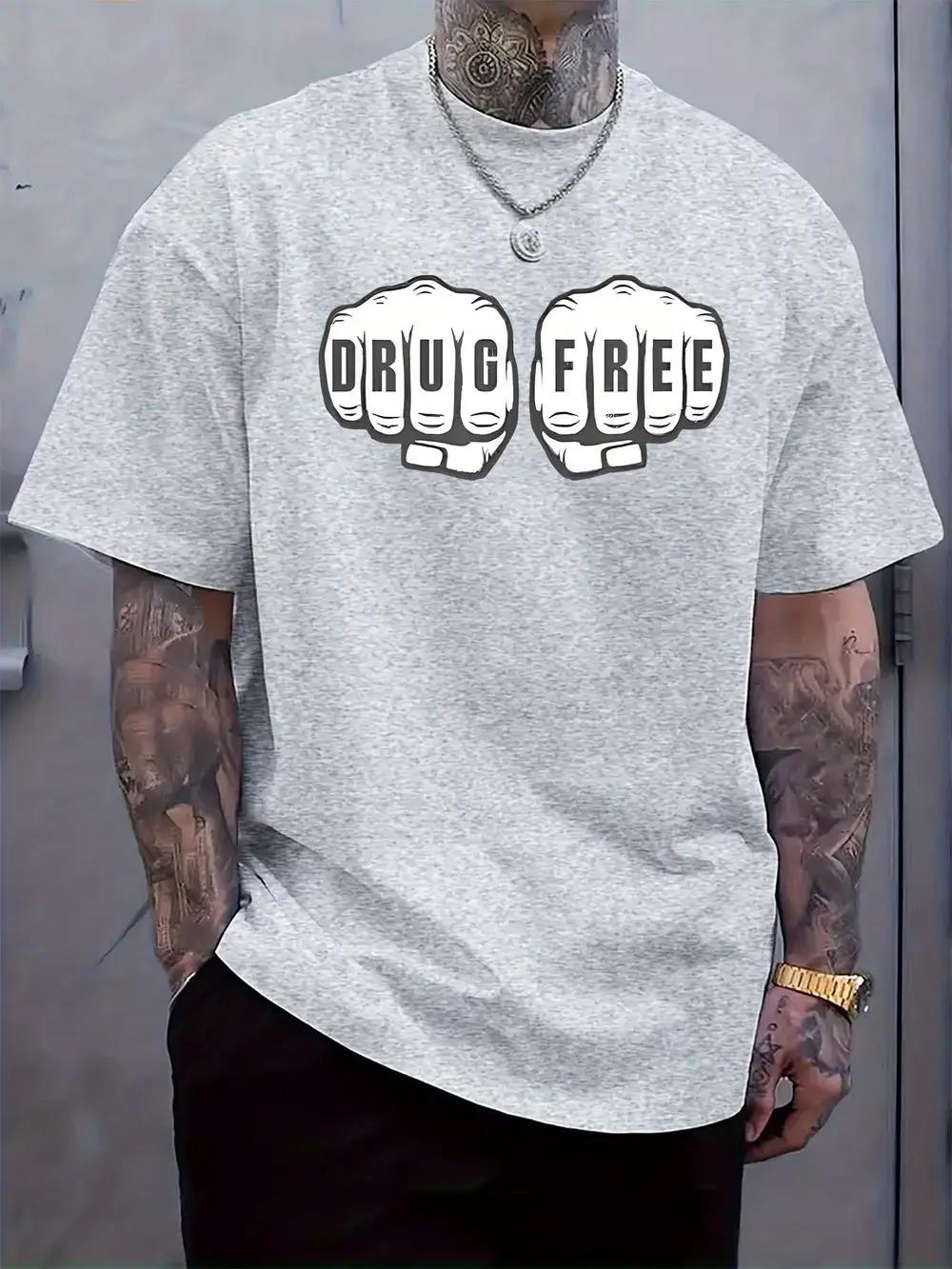 Drug Free Fist Bump Graphic T-shirt - Casual Crew Neck Short Sleeve Tee with Bold Print Design L
