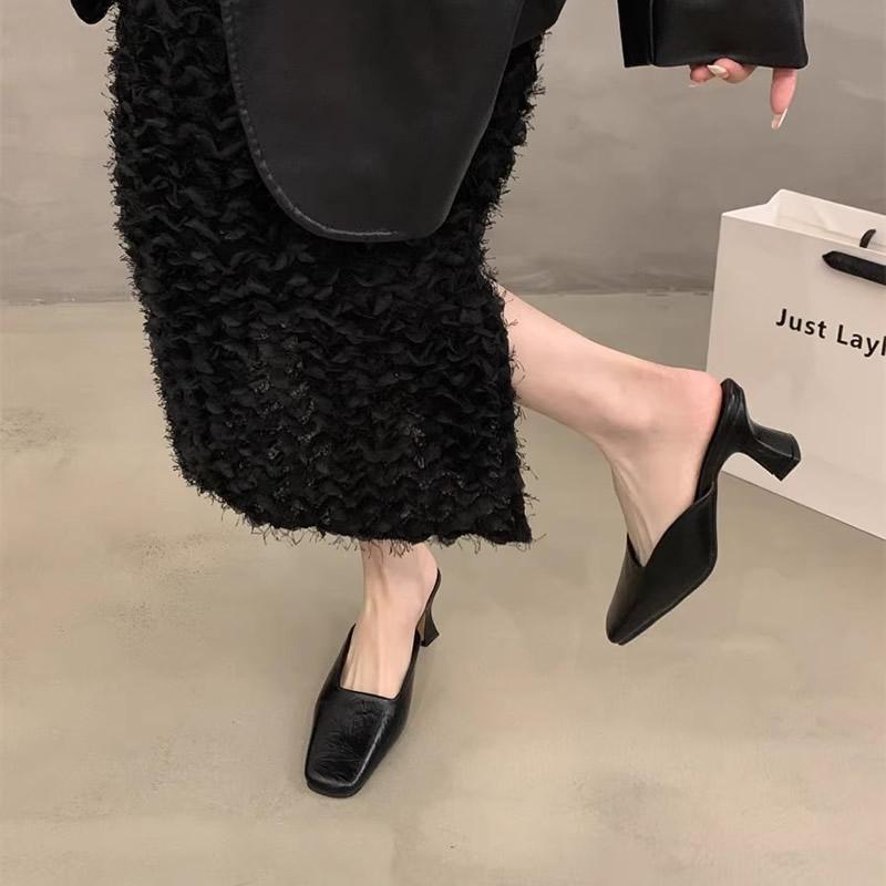 

Mules High Heels Shoes Summer Sandals Women Slippers 2025 Trend Square Toe Slingback Shoes Elegant New Leather Pumps Zapatos 35 чорний