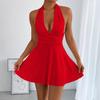 Women’s Laced V-neck Fitted Pleated Mini Skirt Sexy Backless Pleated Laced Dress