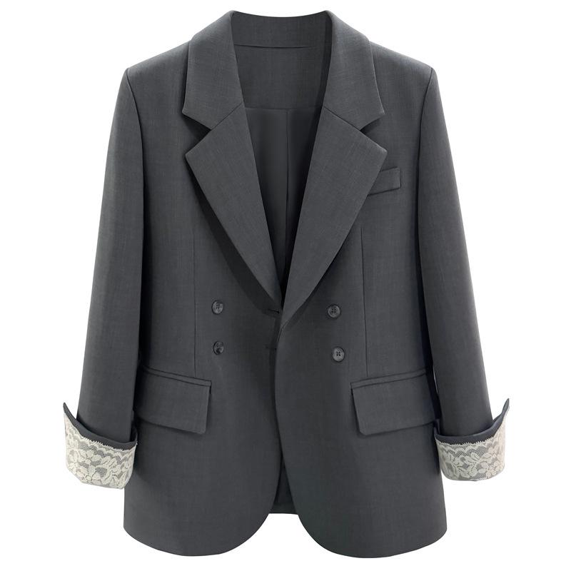 Veste de tailleur grise pour femme de haute qualité avec manchette en dentelle, Printemps/Automne 2025, Style Célébrité Internet