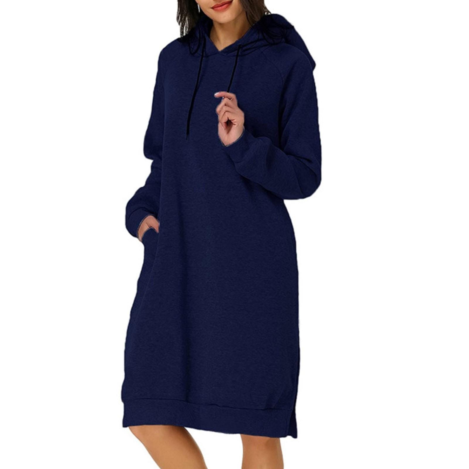 

Милое платье с капюшоном для девочек-подростков, однотонное платье-толстовка с длинными рукавами и карманами на шнурке, осеннее платье больших размеров L тёмно-синий