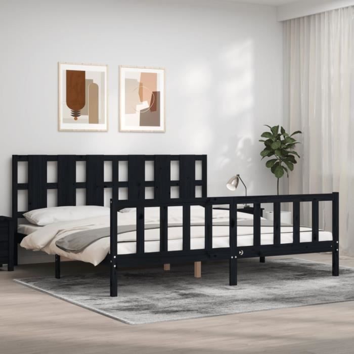 VidaXL Bed Frame with Headboard Black 200x200 Cm Solid Wood 3192255