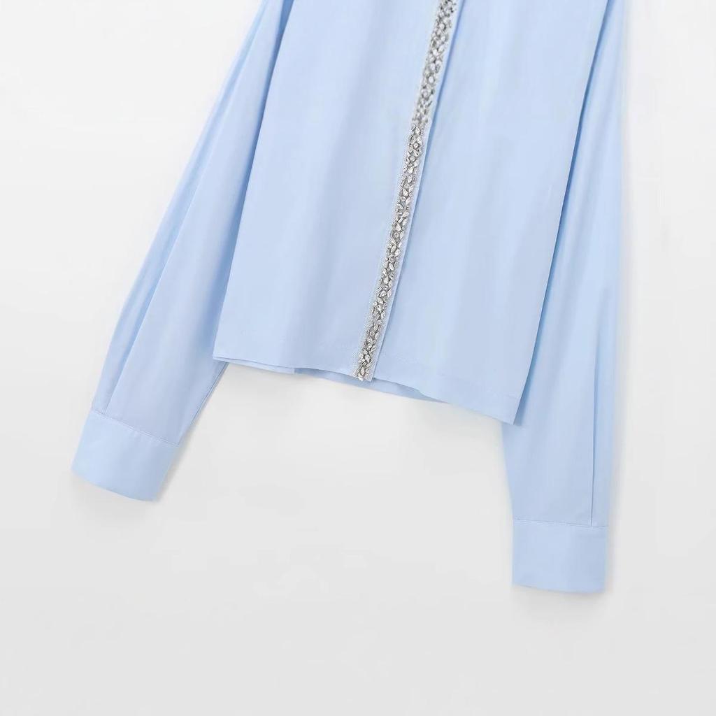 2024 Winter European & American Style Women's Fashion Turn-Down Collar Poplin Short Shirt with Jewelry Accents