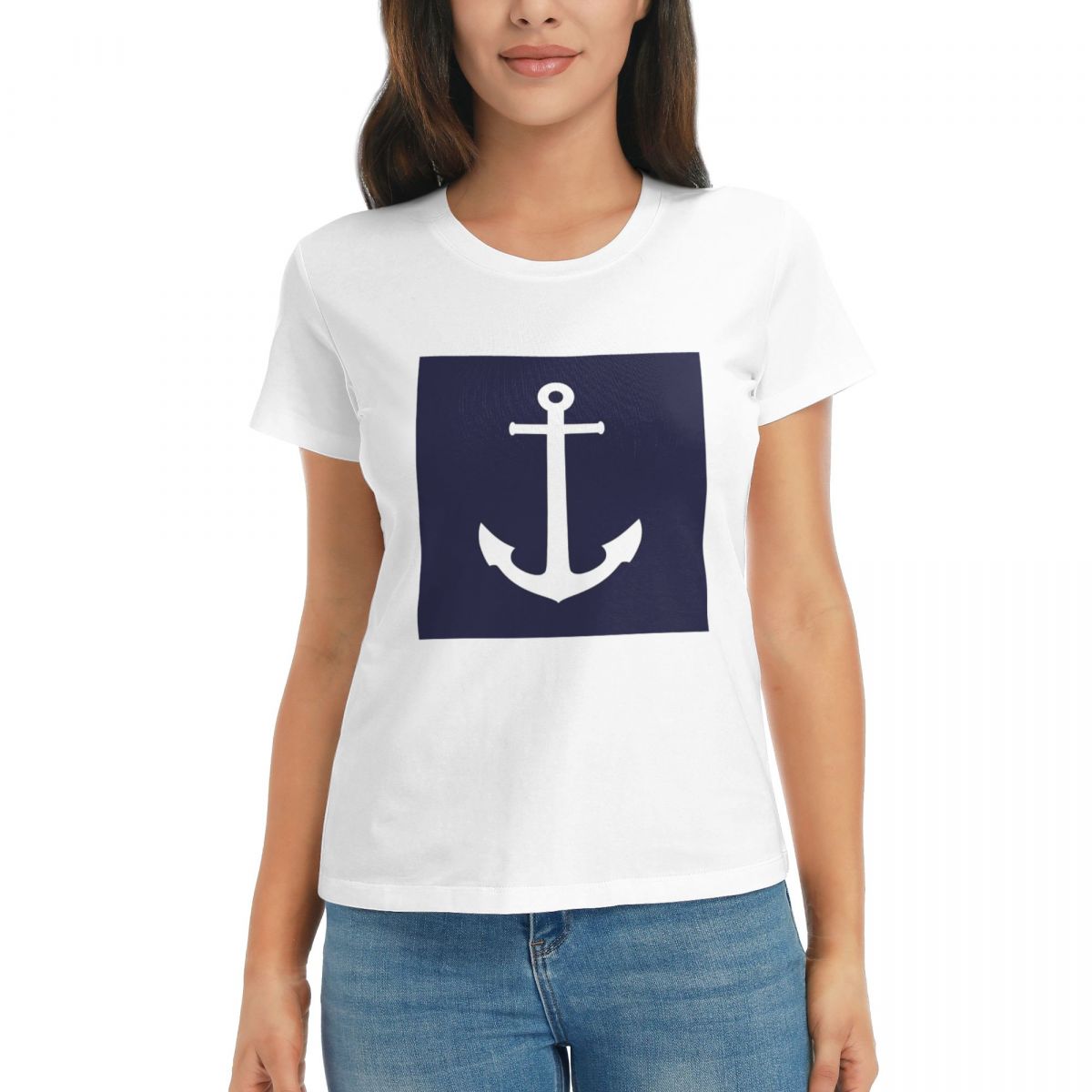 

Women TShirt White Anchor On Navy Blue Summer Short Sleeve Tees Crew Neck Cotton T Shirts Clothes Tops Streetwear S