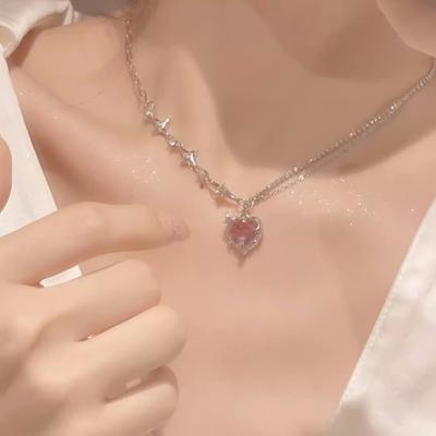 Spice Girl Pink Diamond Love Necklace Women'S Splicing Diamond Chain Niche Design Sweet And Cool Versatile Clavicle Chain Light Luxury